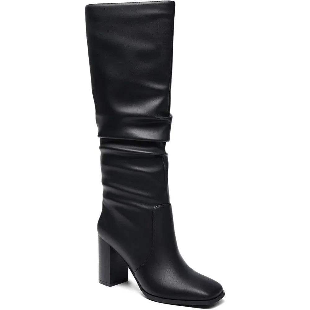 Women's Black-pu Chunky High Heel Square Zipper Wide Calf Knee High Boots